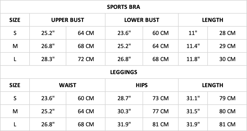 Hummingbird High Rise Seamless Sports Set Size Chart