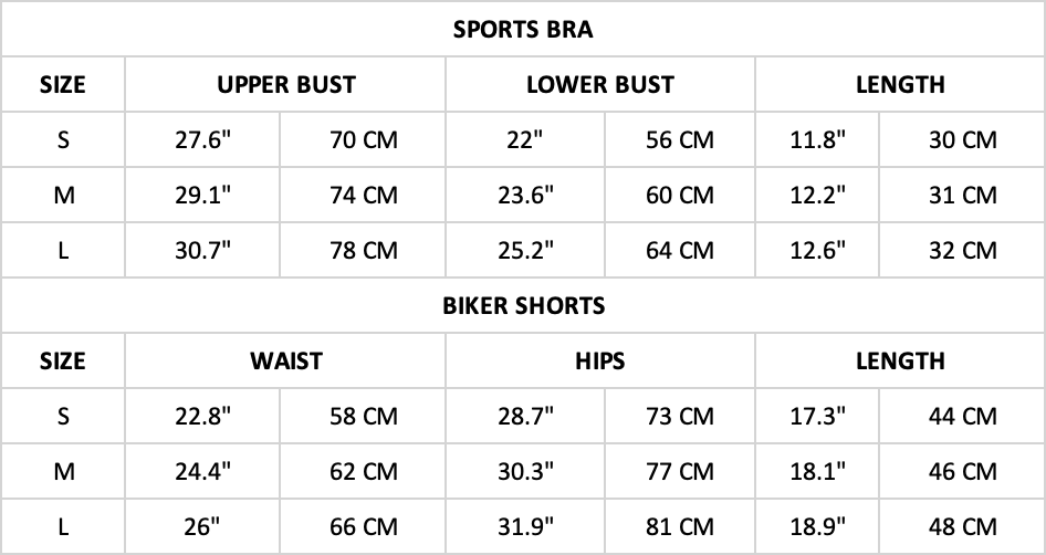 Hummingbird Ribbed Seamless Biker Short Set Size Chart