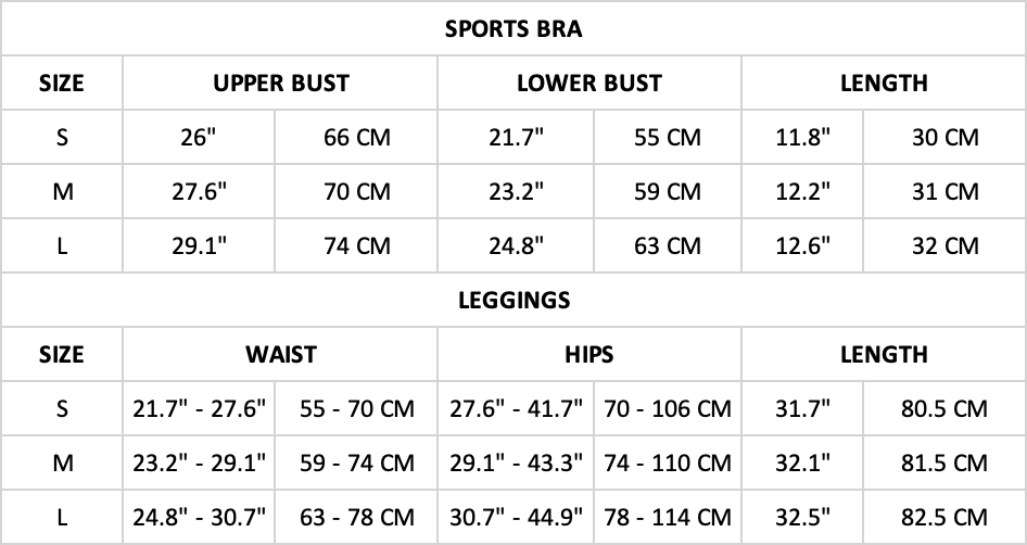 Hummingbird Solid & Striped Seamless Sports Set Size Chart