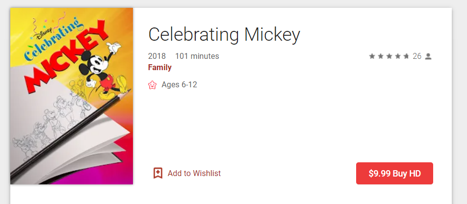 Celebrating Mickey Google TV HD Digital Code (Redeems in Google TV; HD Movies Anywhere & HDX Vudu & HD iTunes Transfer Across Movies Anywhere)