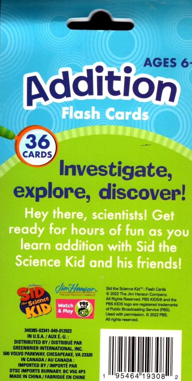 Sid the Science Kid - Addition - 36 Flash cards