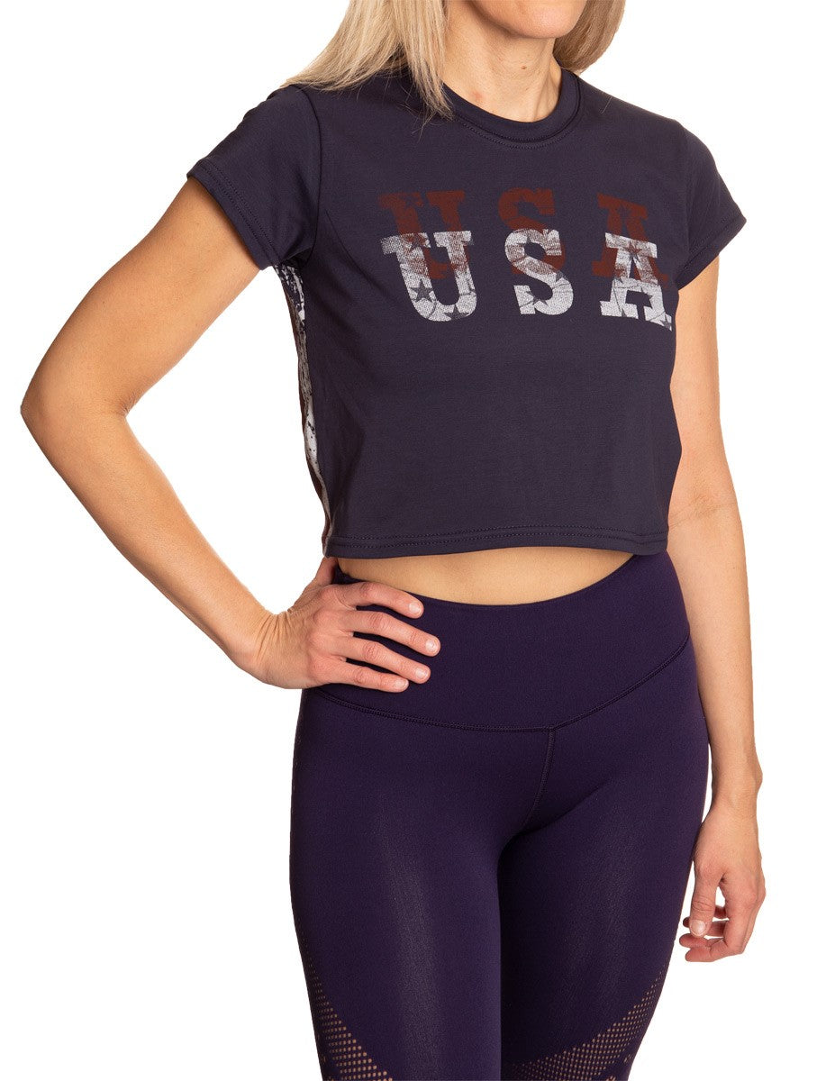 USA Distressed American Flag Crop Top for Women