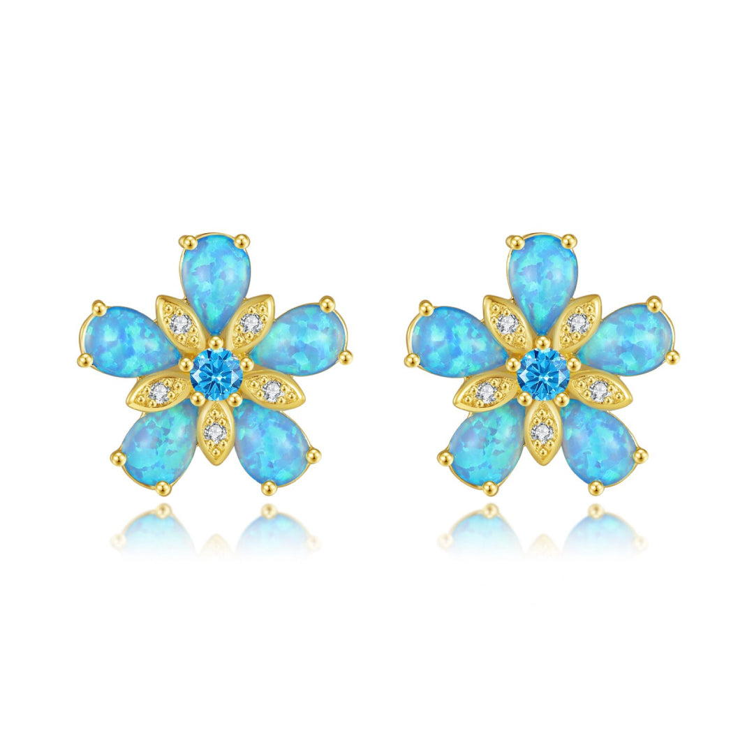 Ocean Blue Fire Opal Flower Stud Earrings