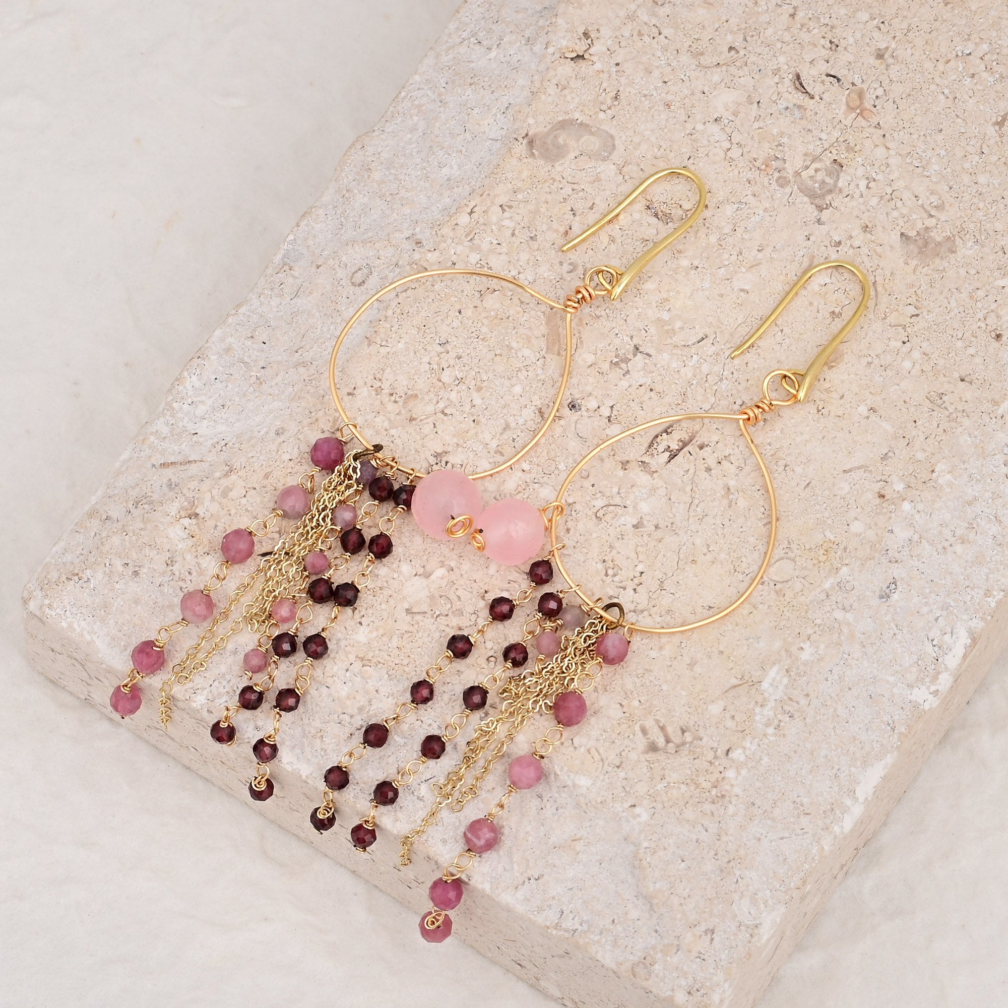 Chic Chain Tassel Rose Quartz Earrings