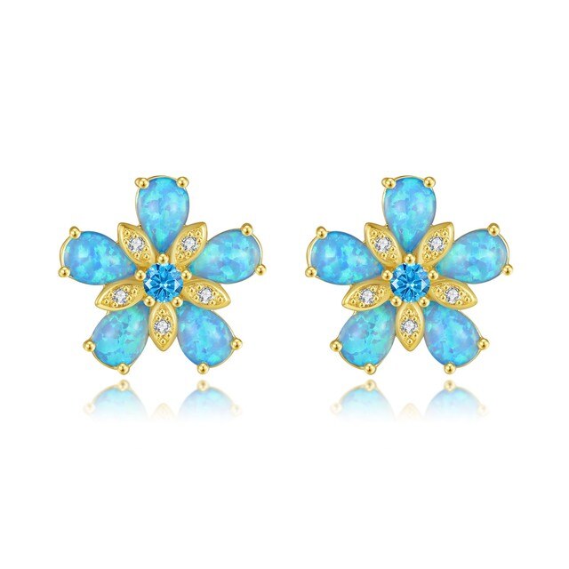 Ocean Blue Fire Opal Flower Stud Earrings