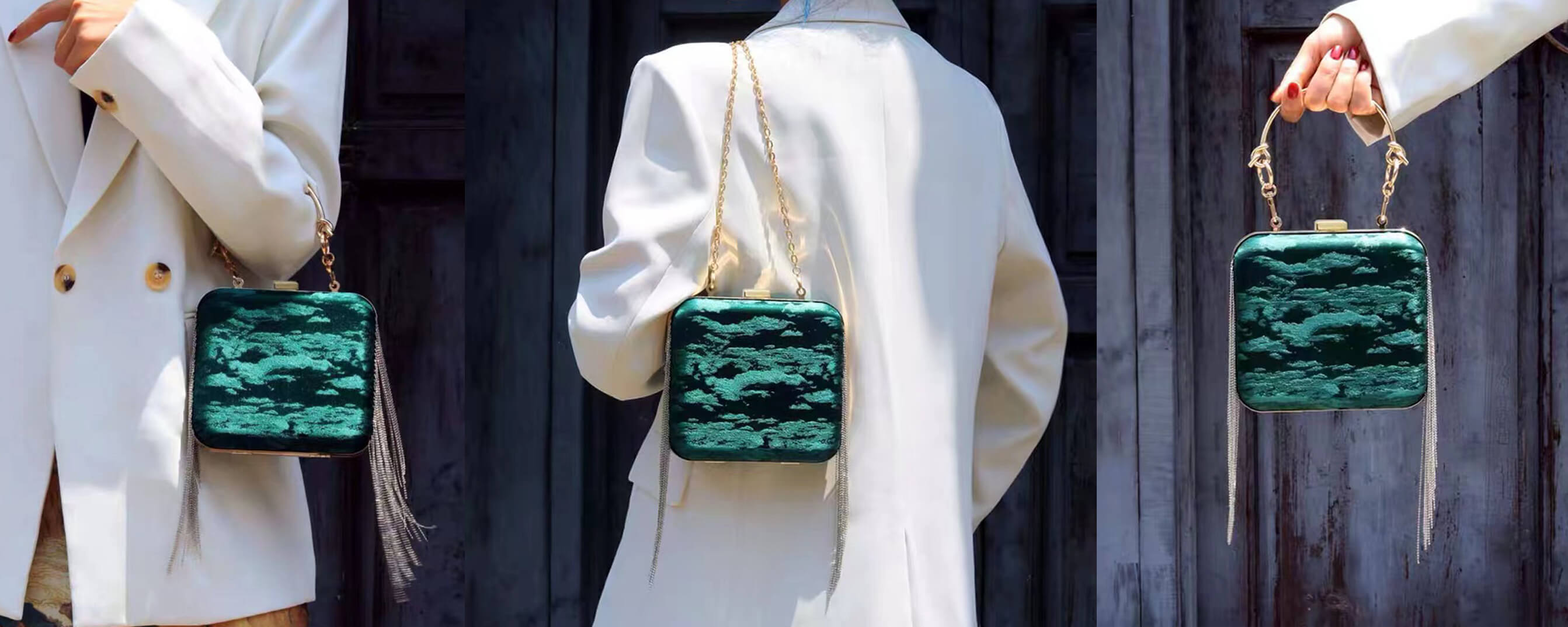 lady wearing a jade green clutch