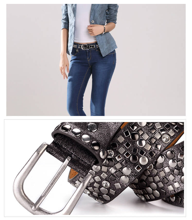 A women wearing full-rivets belt for her jeans