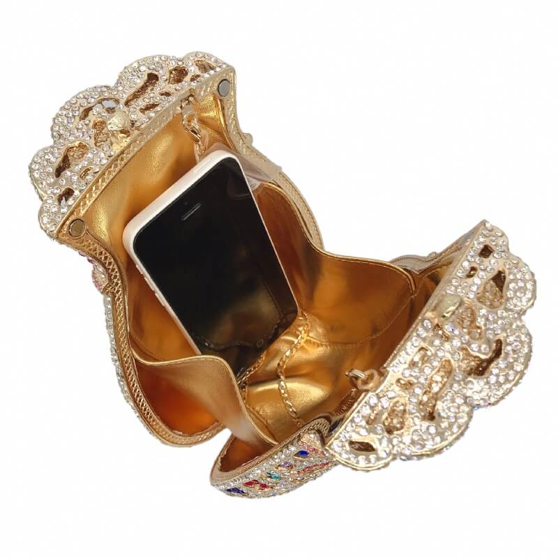 opening inside of a multicolor bundle mouth purse studded diamond clutch