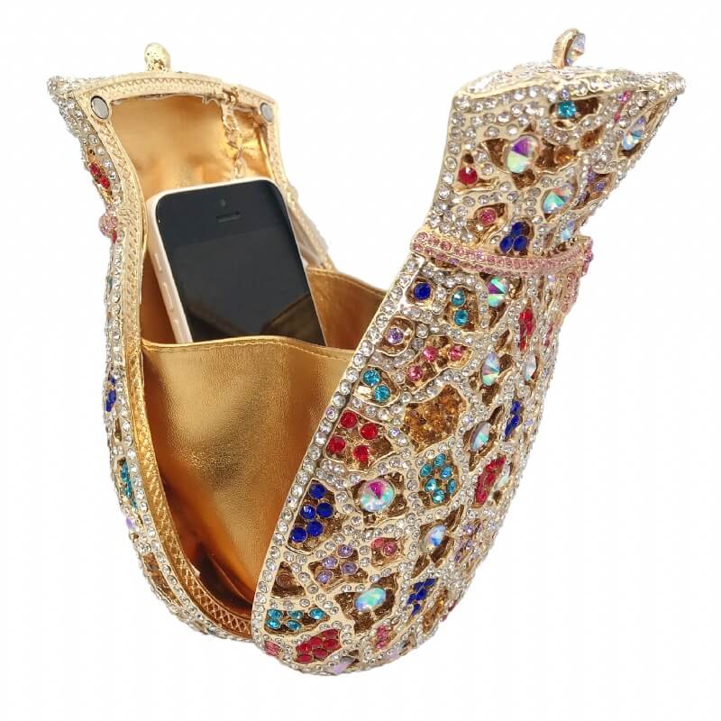 opening side of a multicolor bundle mouth purse studded diamond clutch