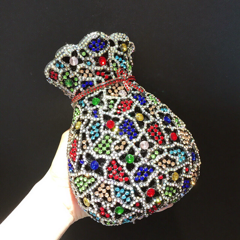 Multicolor Bundle Mouth Shape Purse Diamond Studded Clutch