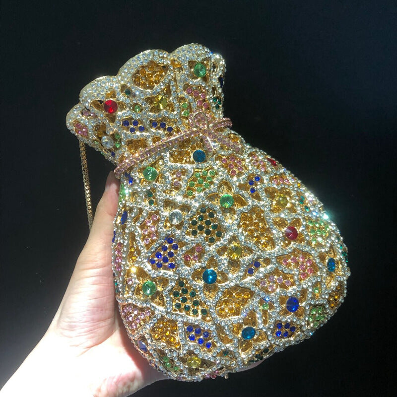 Multicolor Bundle Mouth Shape Purse Diamond Studded Clutch