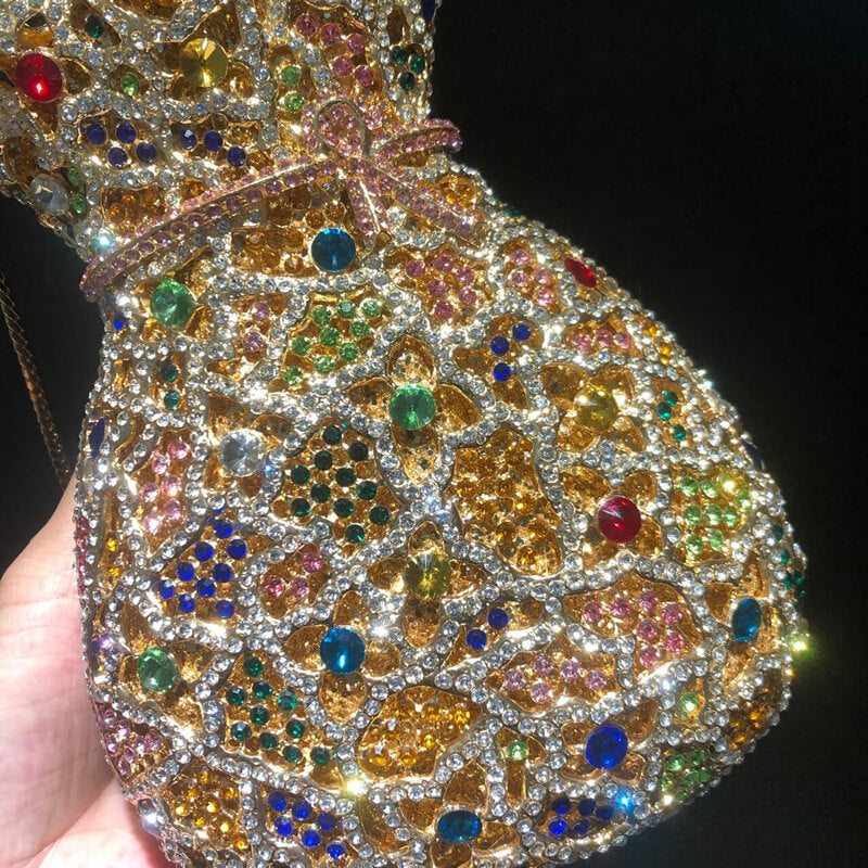 Multicolor Bundle Mouth Shape Purse Diamond Studded Clutch