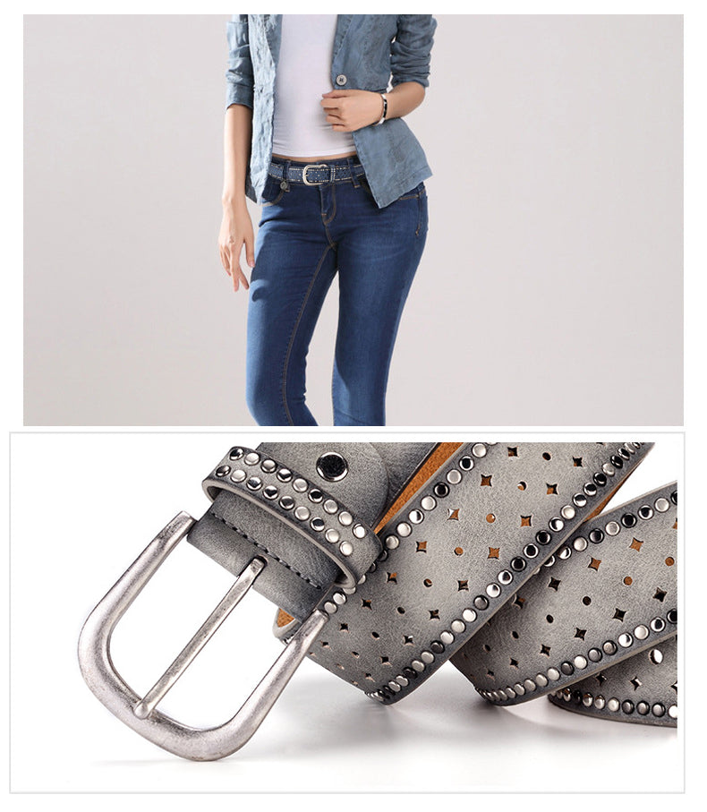model wearing a dark blue rivets leather belt and a gray belt in below