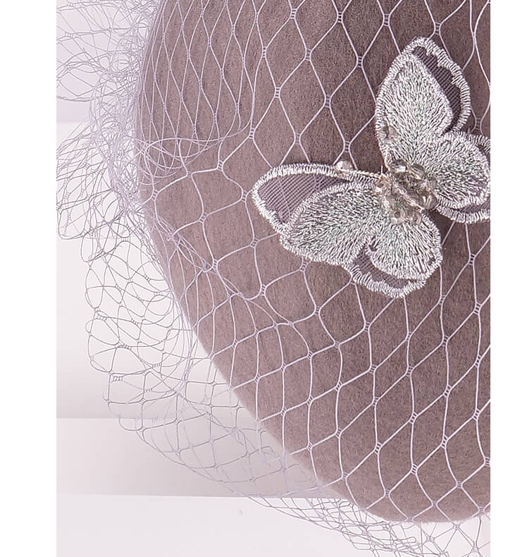 gray wool fascinator with butterfly and veil