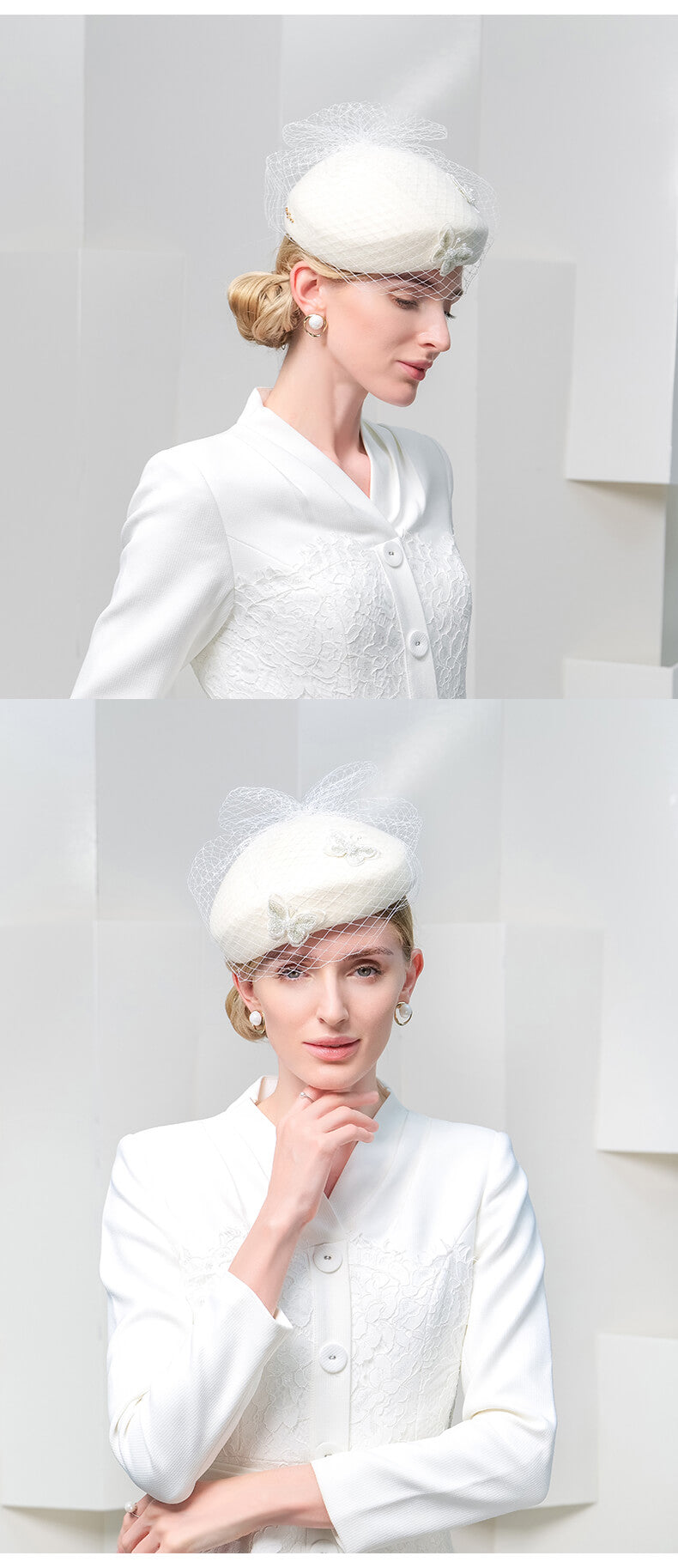 beautiful women wearing white wool fascinator hat