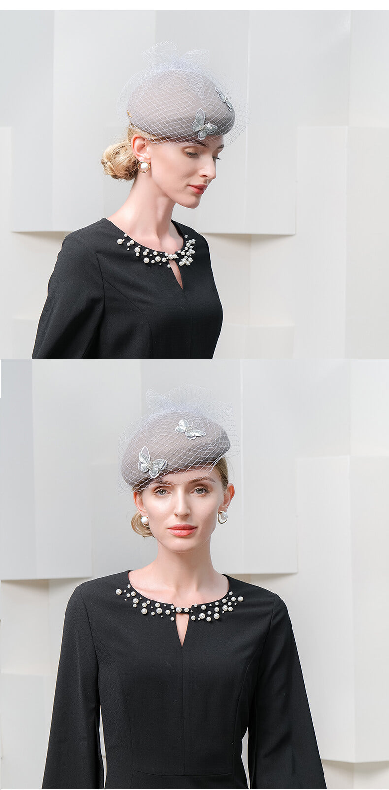 beautiful women wearing a gray wool fascinator decorated with butterfly and veil
