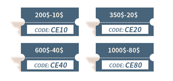 Unlock Savings with Exclusive Discount Codes: $200-$10 (Code: CE10), $350-$20 (Code: CE20), $600-$40 (Code: CE40), $1000-$80 (Code: CE80).
             Maximize Your Savings Today!
            