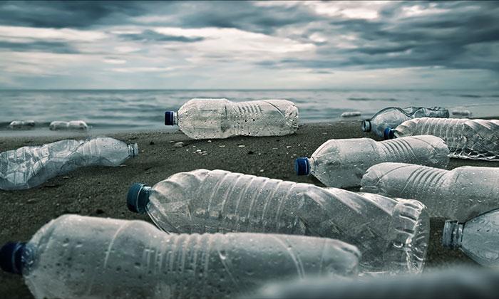 plastic water bottles on the beach