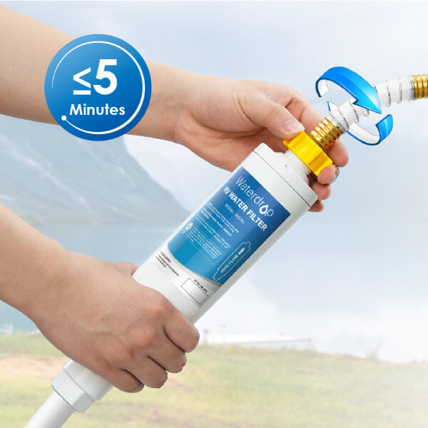 RV Inline Water Filter w/Flexible Hose Protector,Reduces Chlorine,Bad Taste