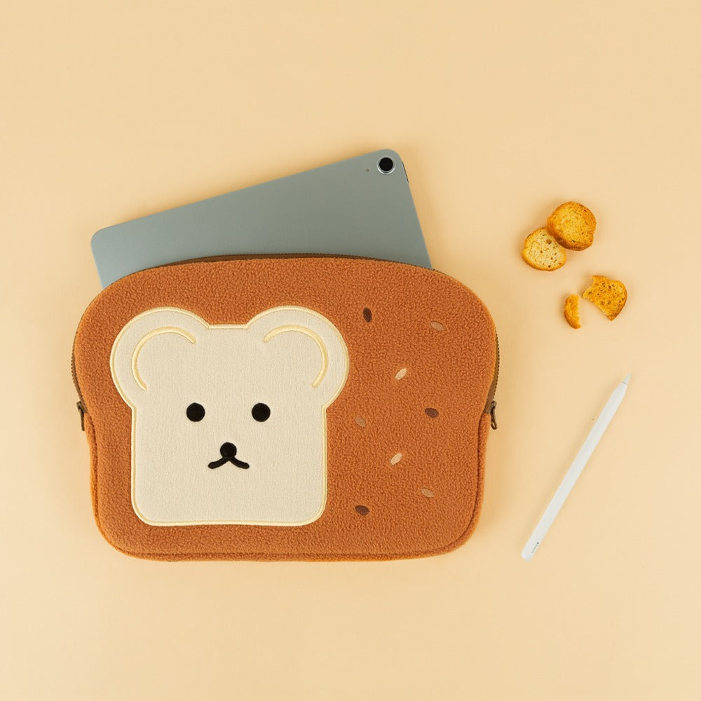 Brown Cute Bear Embroidery Bread Laptop Sleeves iPad Fitted Cases Shearling Covers Protective Tablet Pouches Purses Handbags Square Cushion School Collage Office Lightweight