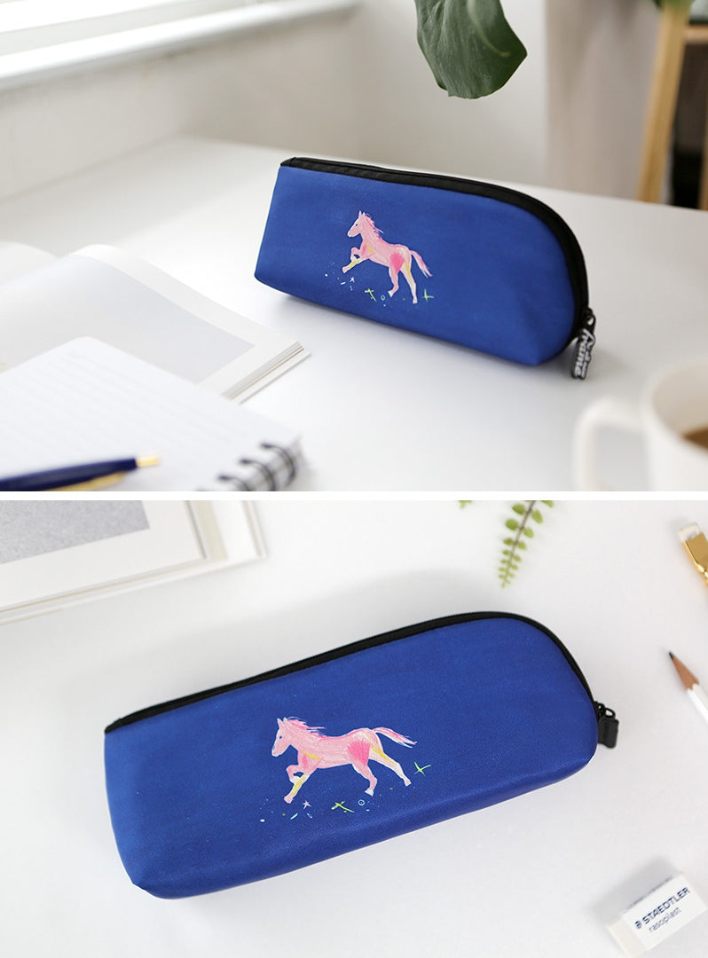 Blue Horse Graphic Pencil Cases Stationery Zipper School 19cm Office Cosmetics Pouches Artists Designer Prints Gifts Bags Purses Students Girls Cute Teens Inner Pocket