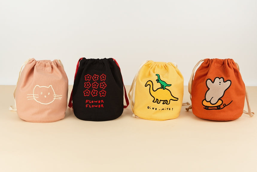 Pink Black Orange Yellow Drawstring Mini Totes Handbags Shoulder Purses Cute Girls Artists Design Female Casual Light Gifts Embroidery Cotton Daily Picnic Fashion Pouches Lunch Bags