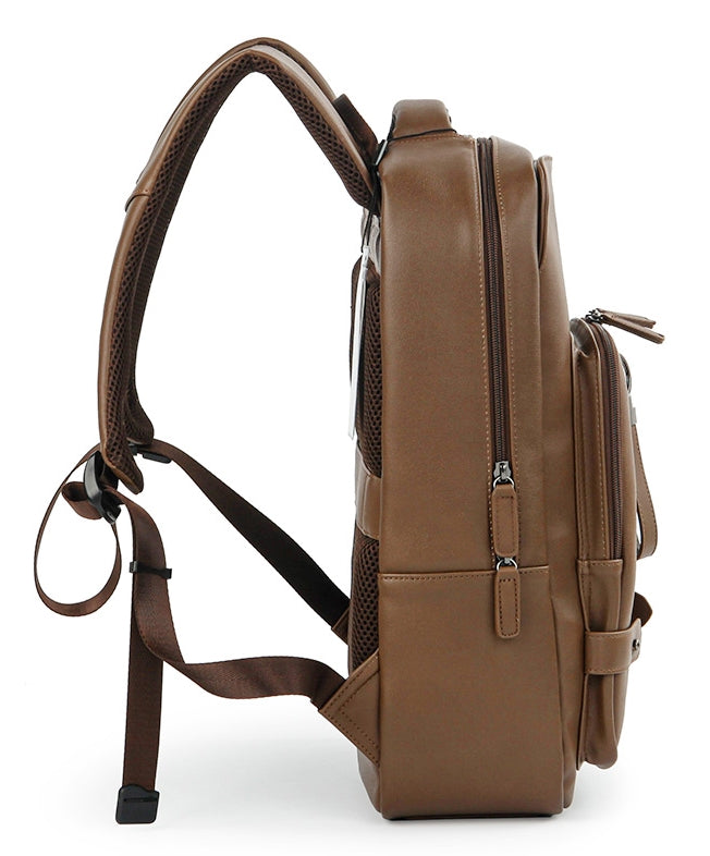 Brown Faux Leather Backpack Square Travel Luggage Trolley Strap Laptop