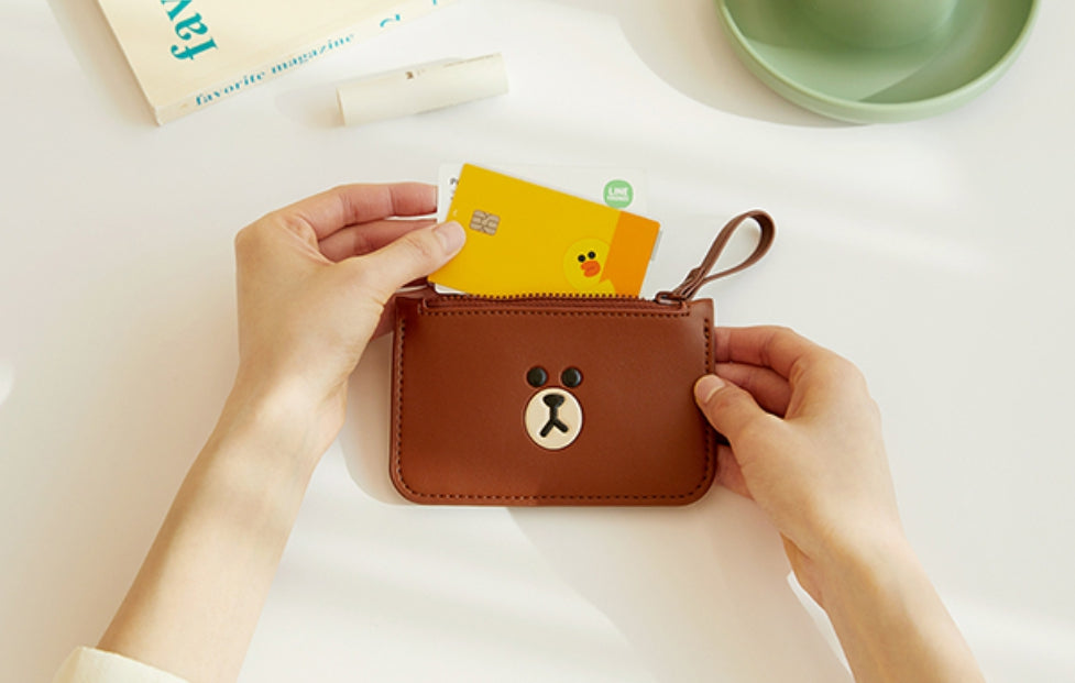 Line Friends Brown Leather Like Card Wallets Zipper Strap Characters Couple Goods Cute Students Accessories Coin Credit Holder