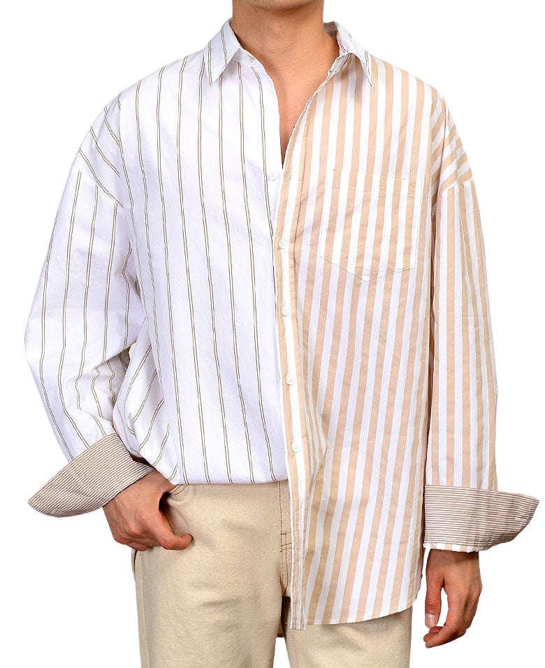 Beige Multi Vertical Striped Long Sleeved Casual Shirts Mens Buttoned