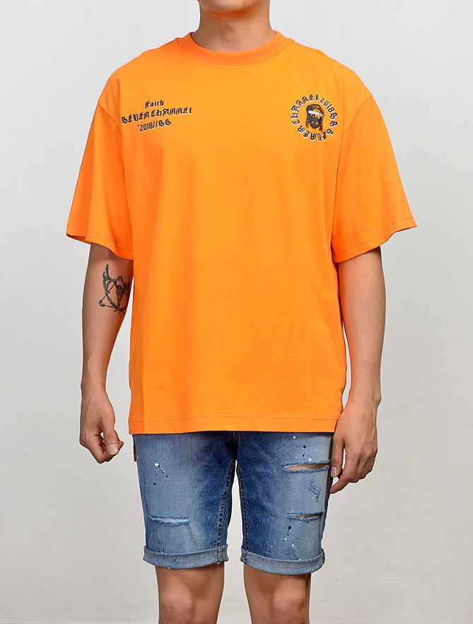 Orange Graphic Short Sleeved T-Shirts Mens Loose Fit Crewneck Tees