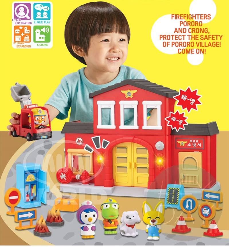 PORORO Fire Station Play Sets Korean Animation Kids Roll Play Gift