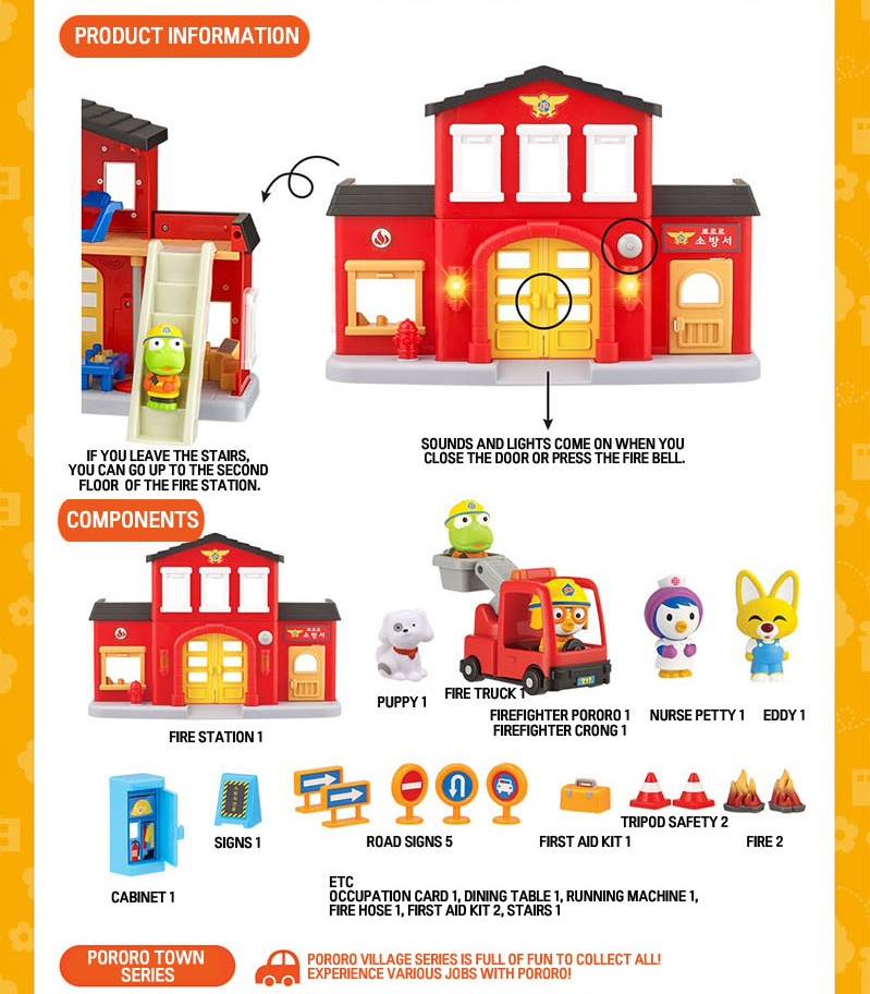 PORORO Fire Station Play Sets Korean Animation Kids Roll Play Gift