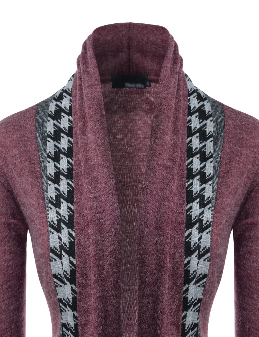 Burgundy Red Houndstooth Shawl Collar Knitted Open Cardigans