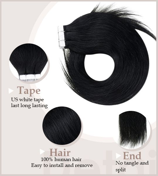 Tape in Hair Extensions Jet Black 100% Remy Human Hair