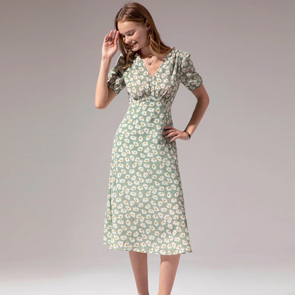 1950s Floral Print Green Summer Dress