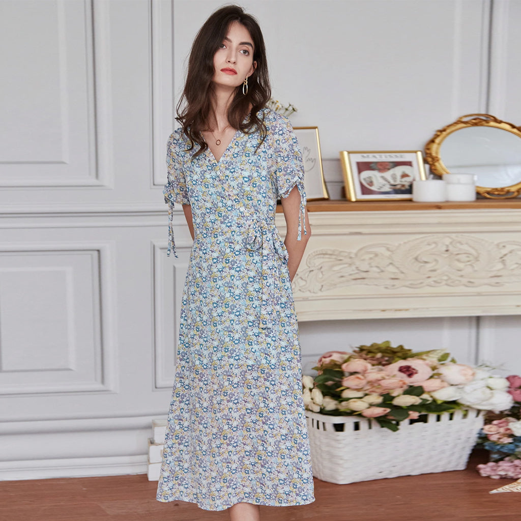 Blue Floral Boho Floral Wrap Dress