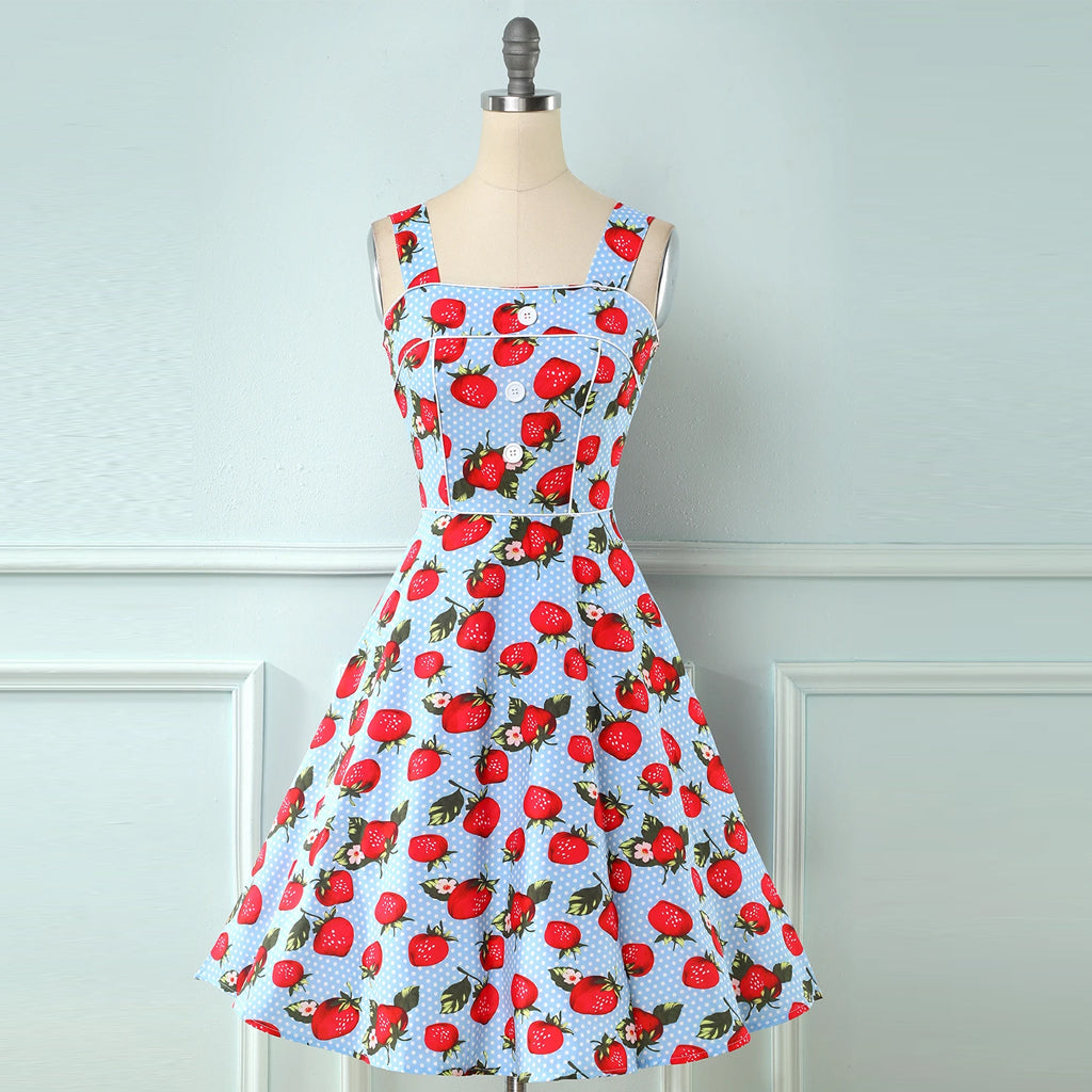 Blue Strawberry Floral Vintage Swing 1950s Dress