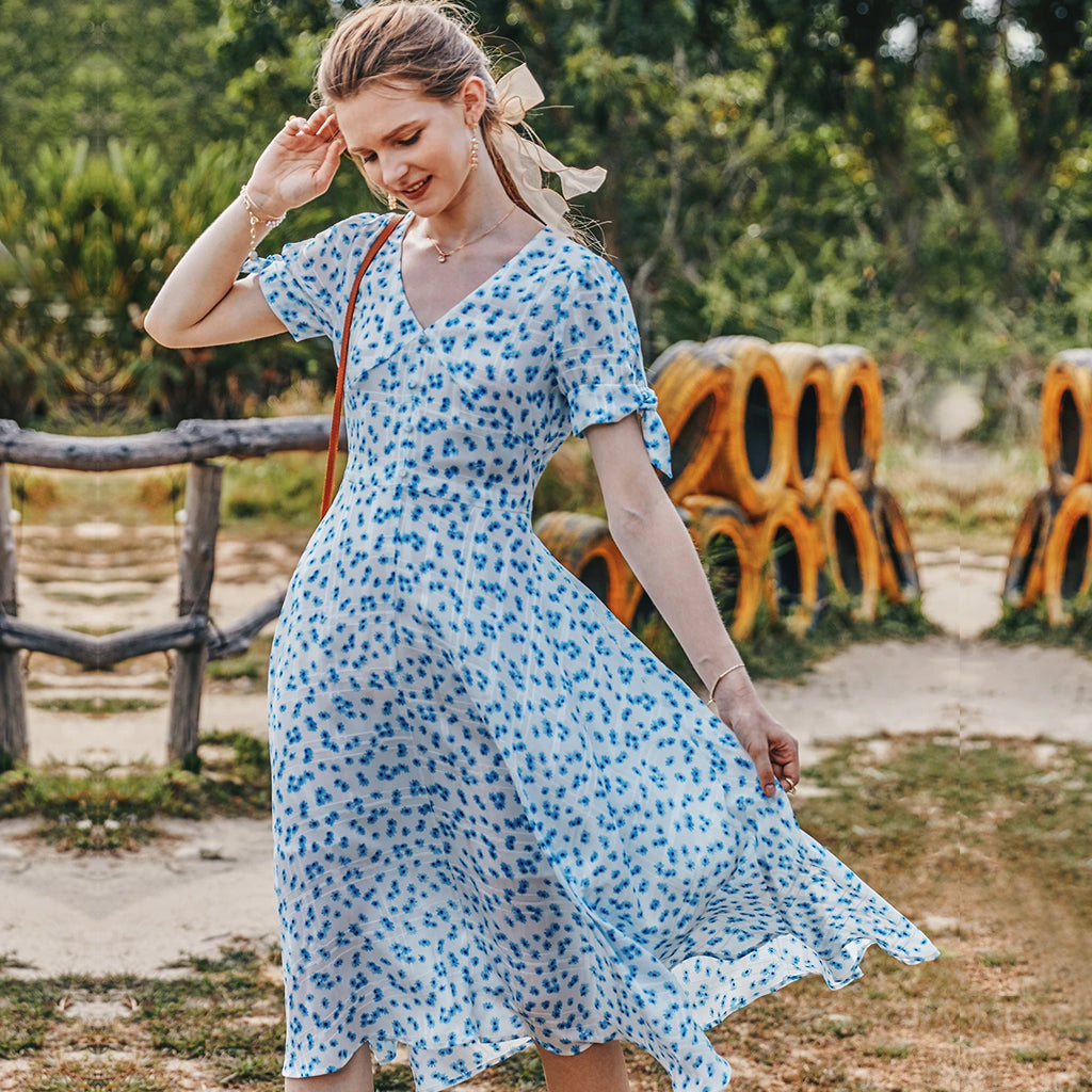 Blue Tiny Floral Boho Summer Dress