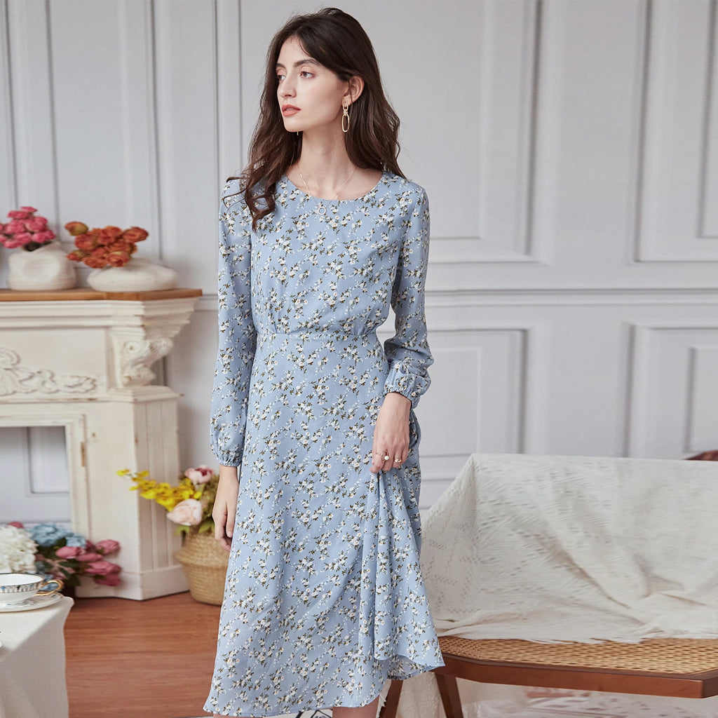 Grey Blue Floral Printed Summer Dress