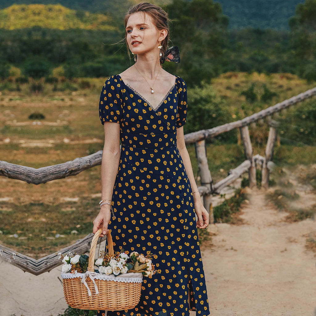 Navy Litter Flower Printed Summer Dress