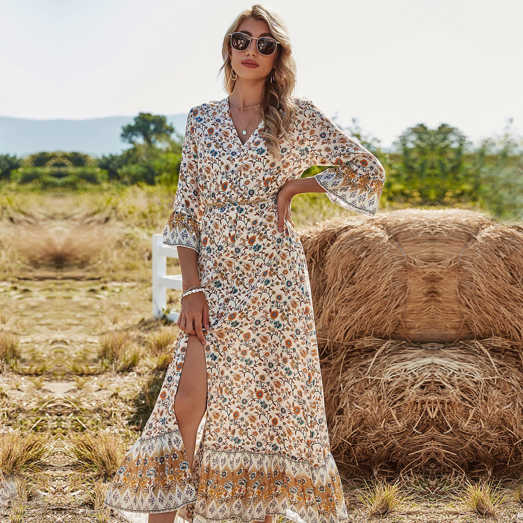 V Neck 34 Sleeves Boho Dress