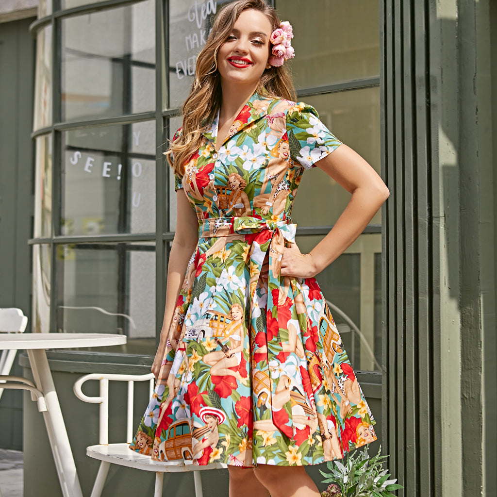 Vintage Print 1950s Swing Dress