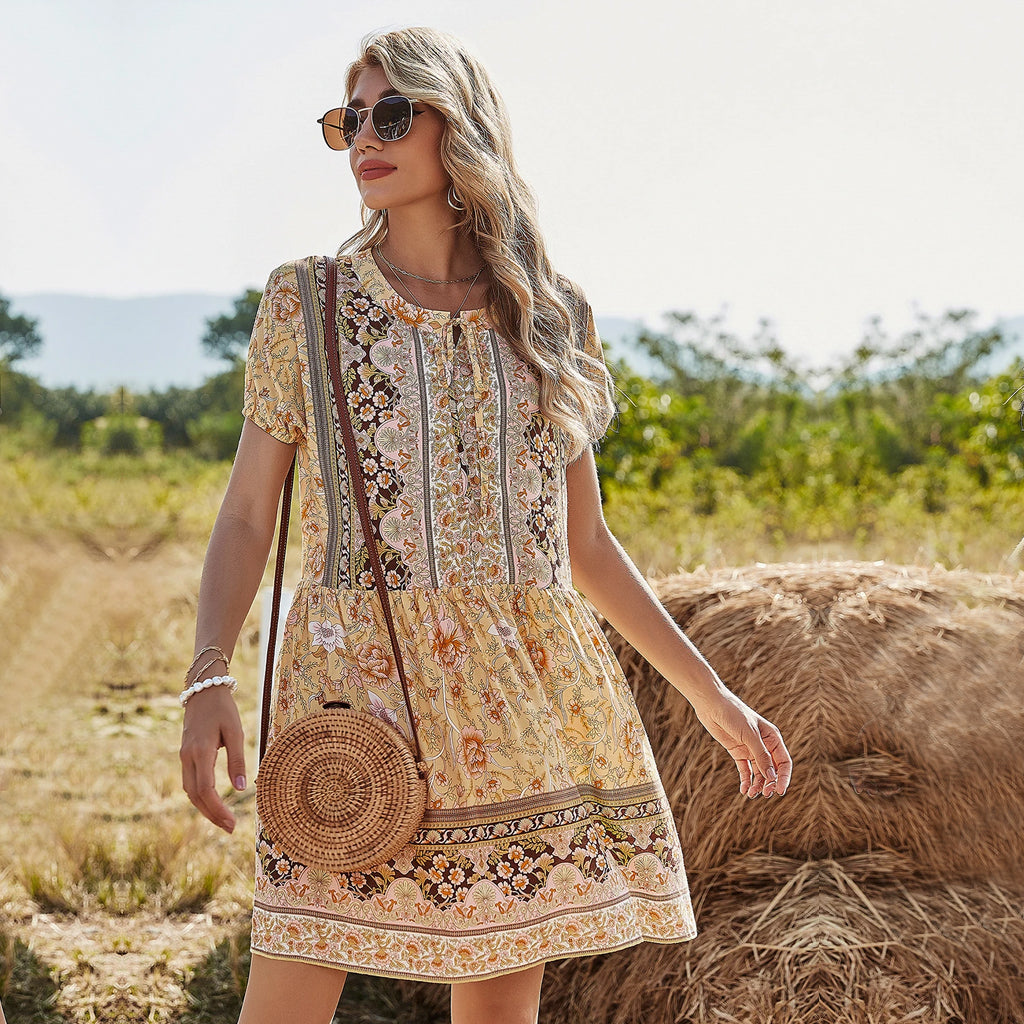 Yellow Floral Short Boho Dress
