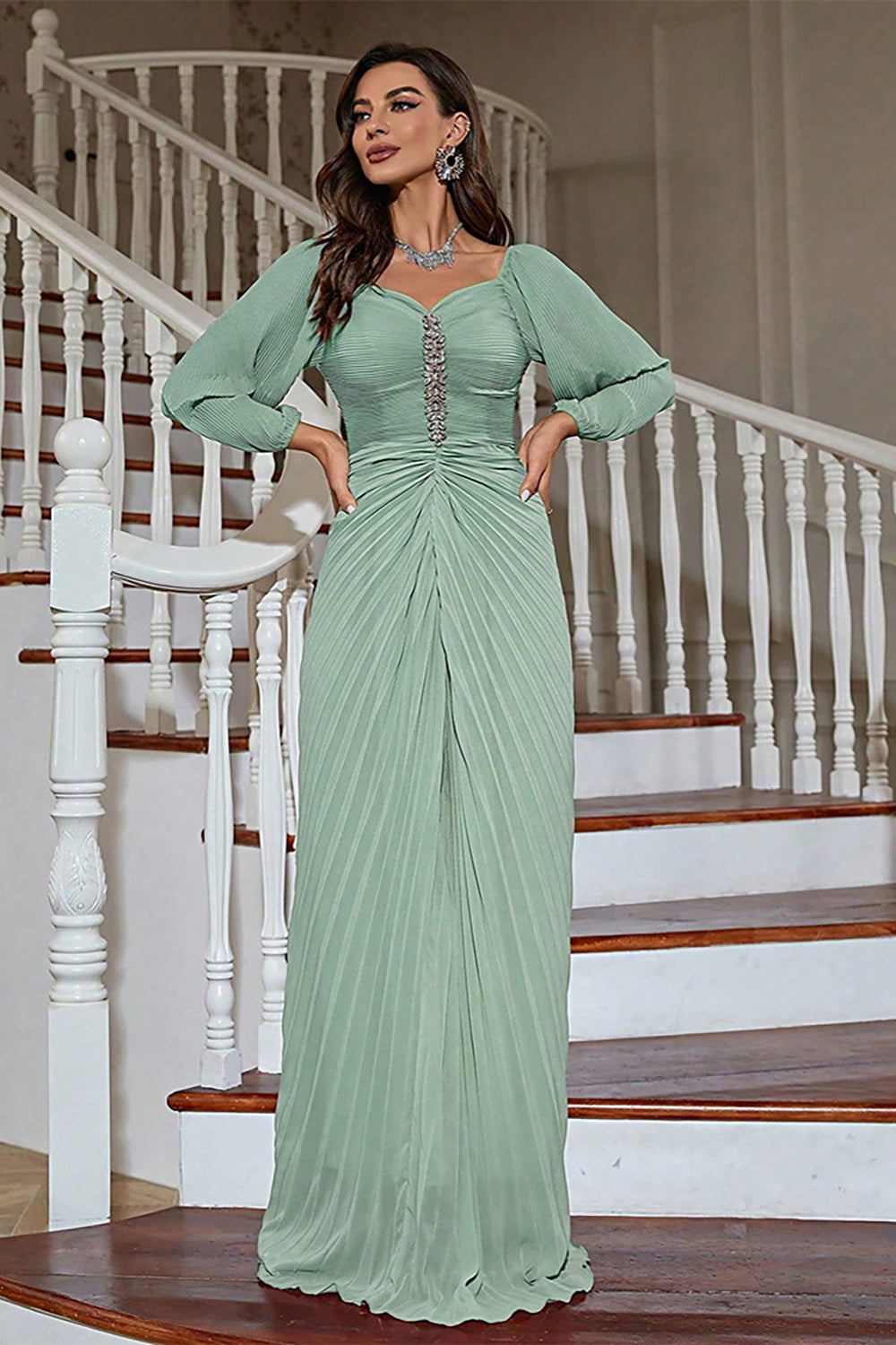 Long Sleeves Pleated Mother of the Bride Dress with Beading