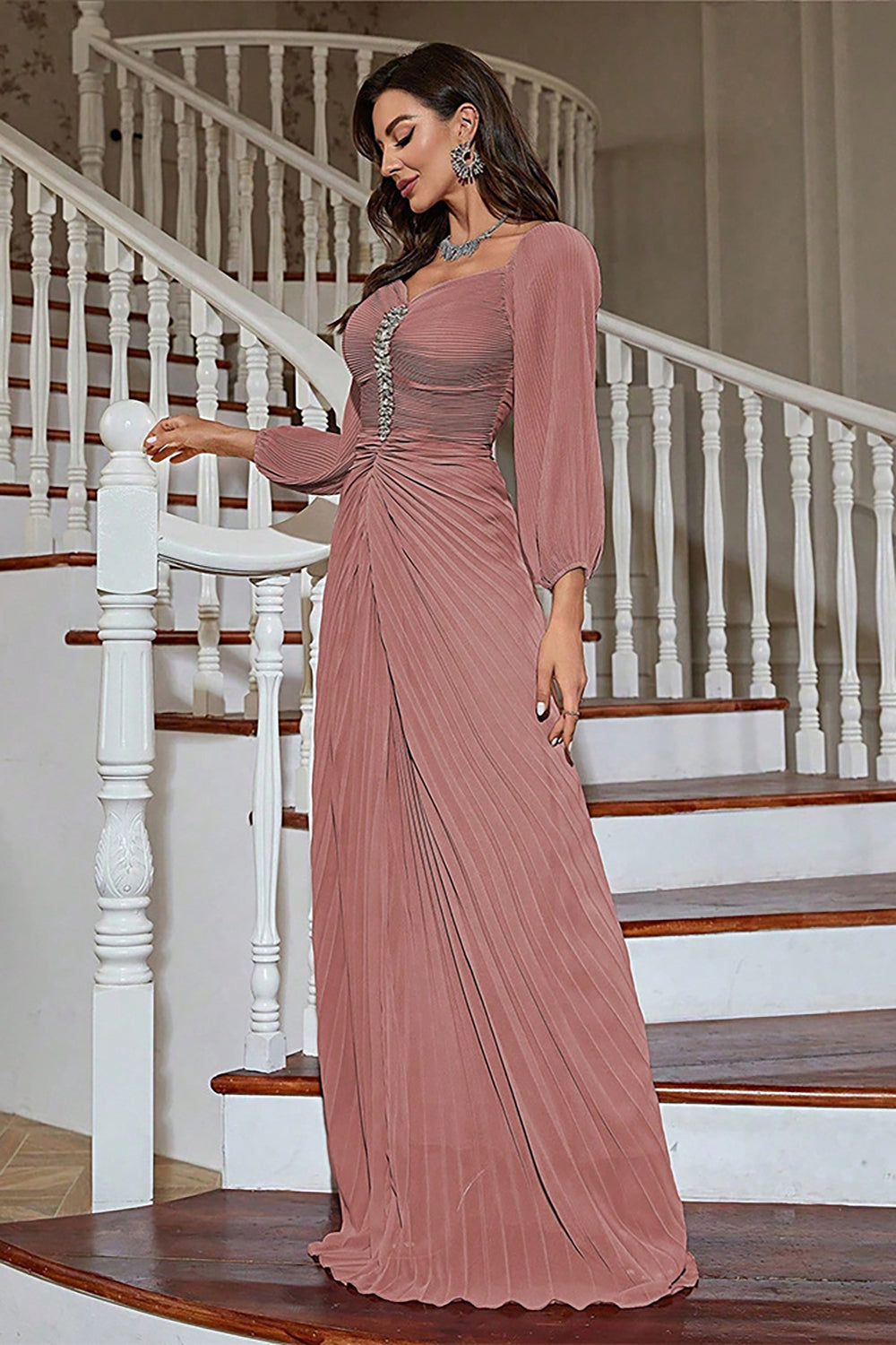 Long Sleeves Pleated Mother of the Bride Dress with Beading