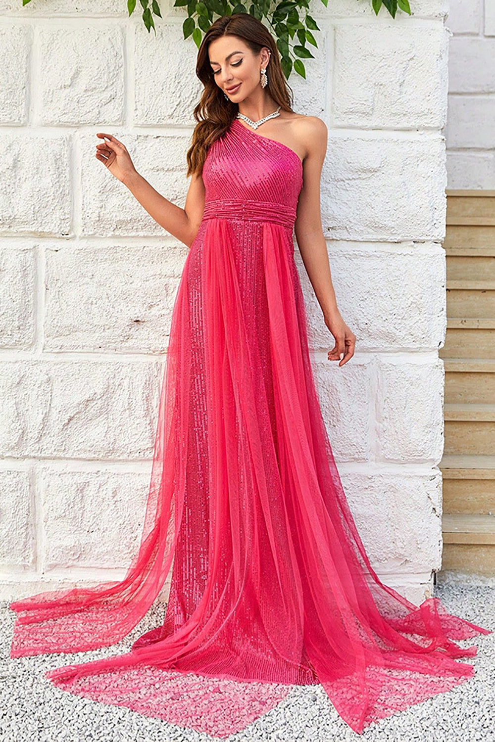 Hot Pink One Shoulder Sparkly Prom Dress