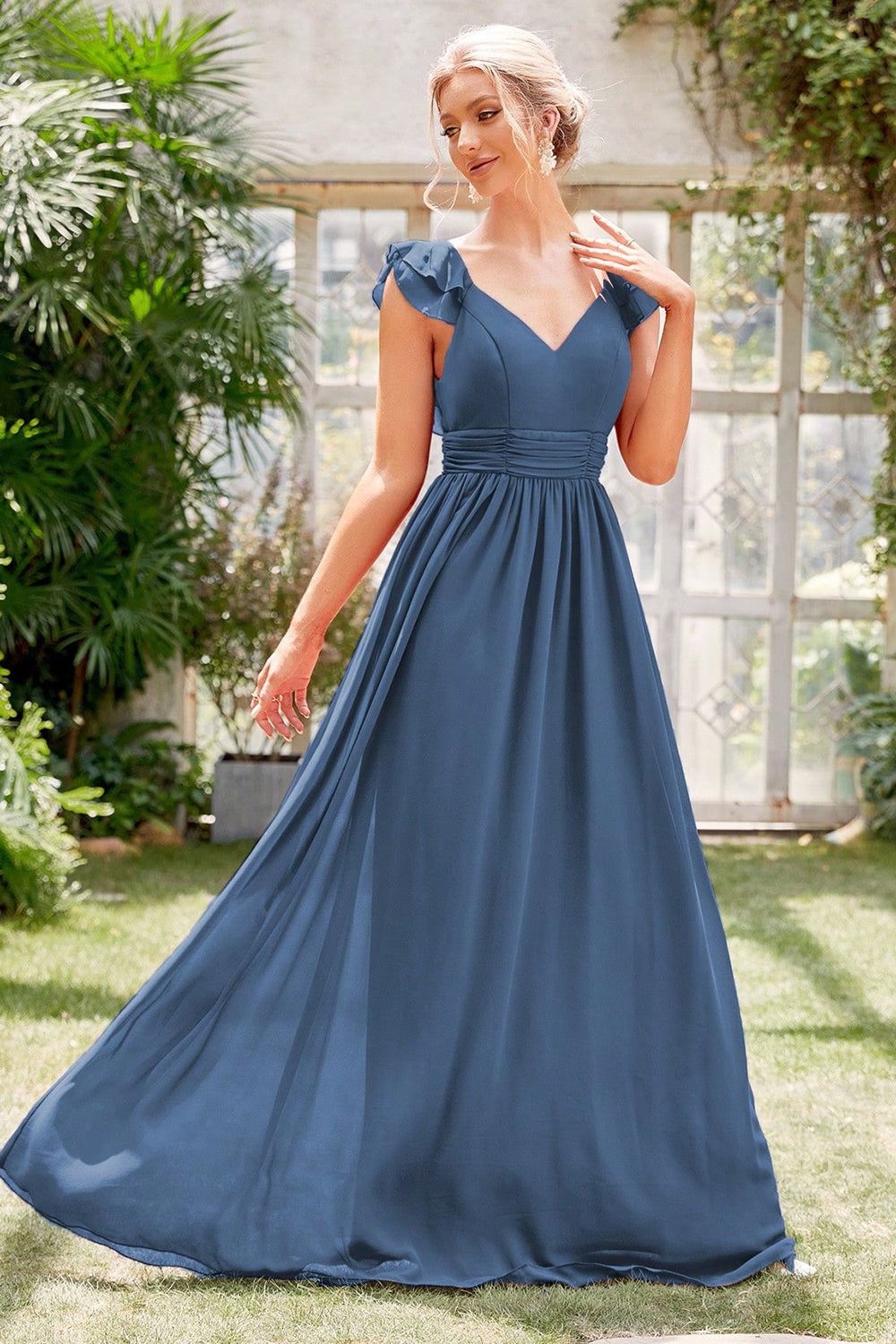 A-Line V-Neck Grey Blue Formal Dress