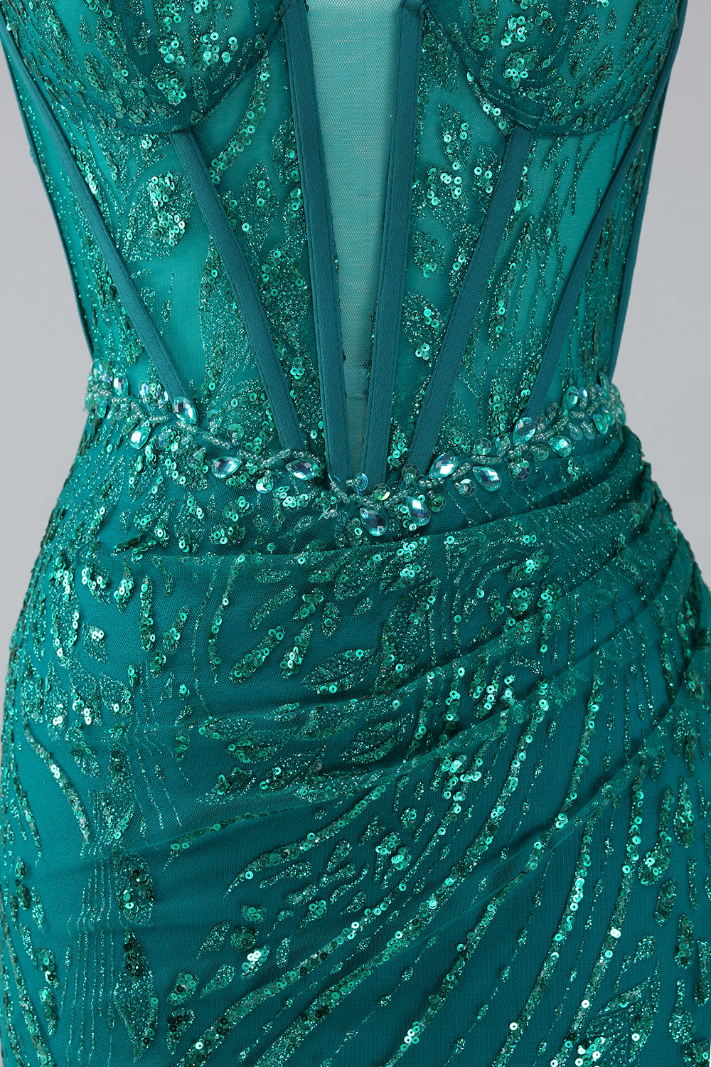 Dark Green Sparkly Mermaid Spaghetti Straps Corset Prom Dress With Slit