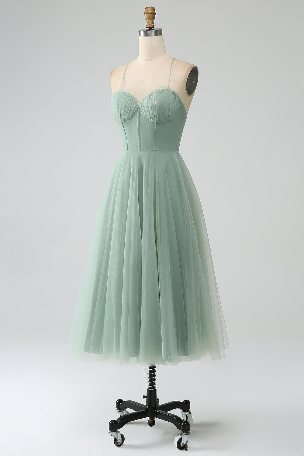 Matcha A-Line Spaghetti Straps Tea-Length Corset Tulle Bridesmaid Dress