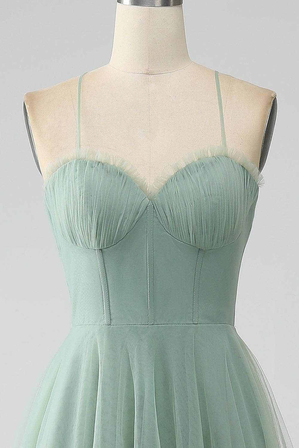 Matcha A-Line Spaghetti Straps Tea-Length Corset Tulle Bridesmaid Dress